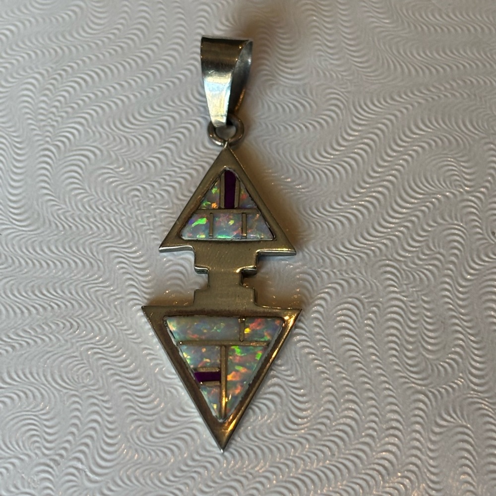 Sterling Silver and Opalite Navajo Geometric Necklace with Mosaic Inlay